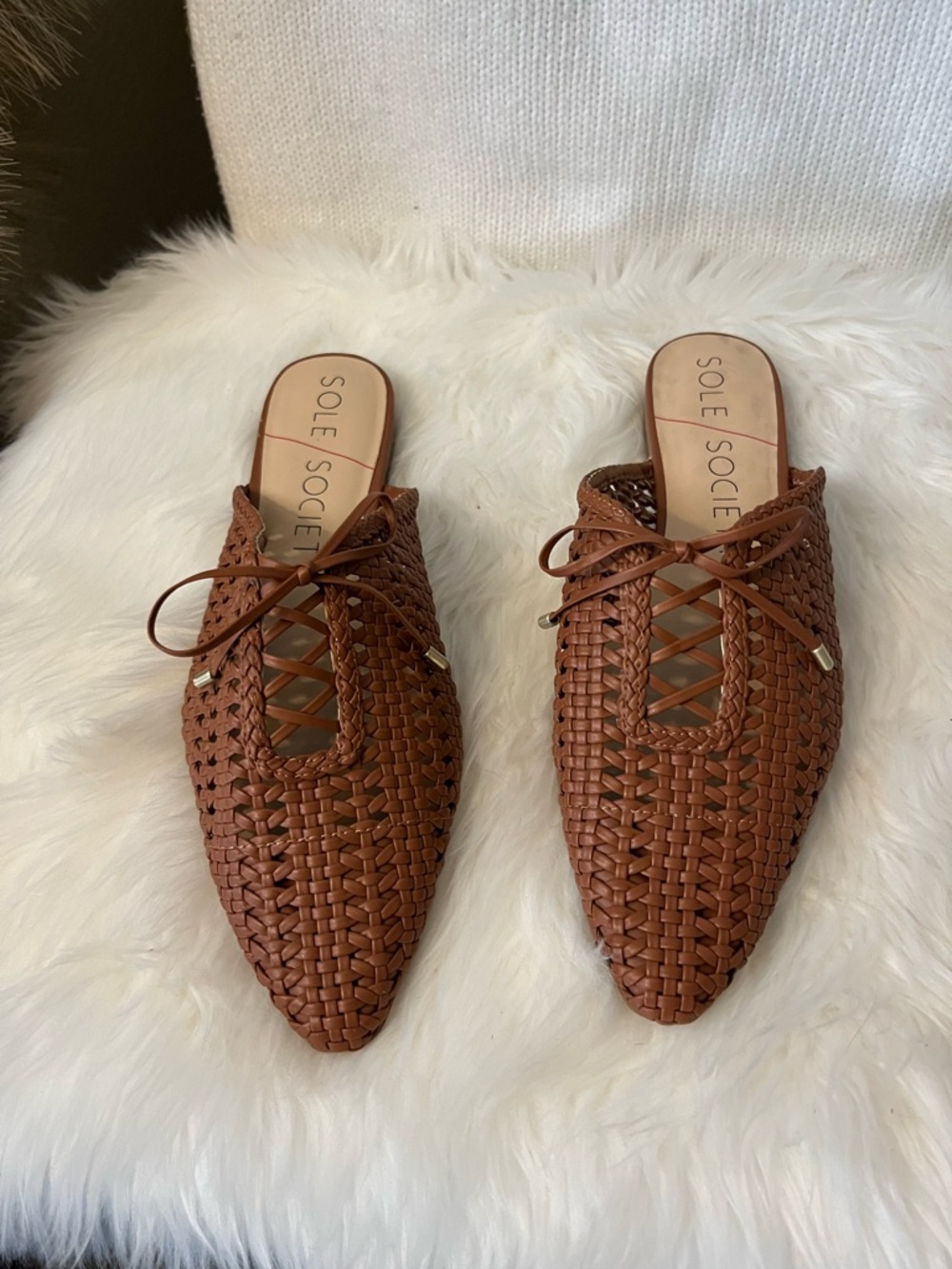 Sole Society Brown Woven Pointed-Toe Lace-Up Mules